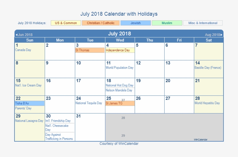 July Calendar 2018 Printable Template - Holidays In July 2019, transparent png #7937120