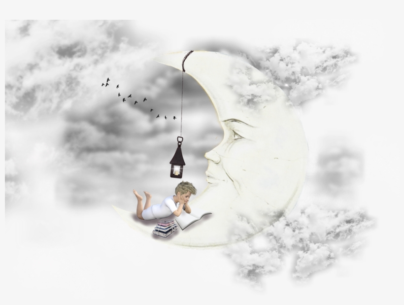 Moon, Clouds, Dream, Lantern, Sky, Boy, Child, Books - Moon Dream Png, transparent png #7961864
