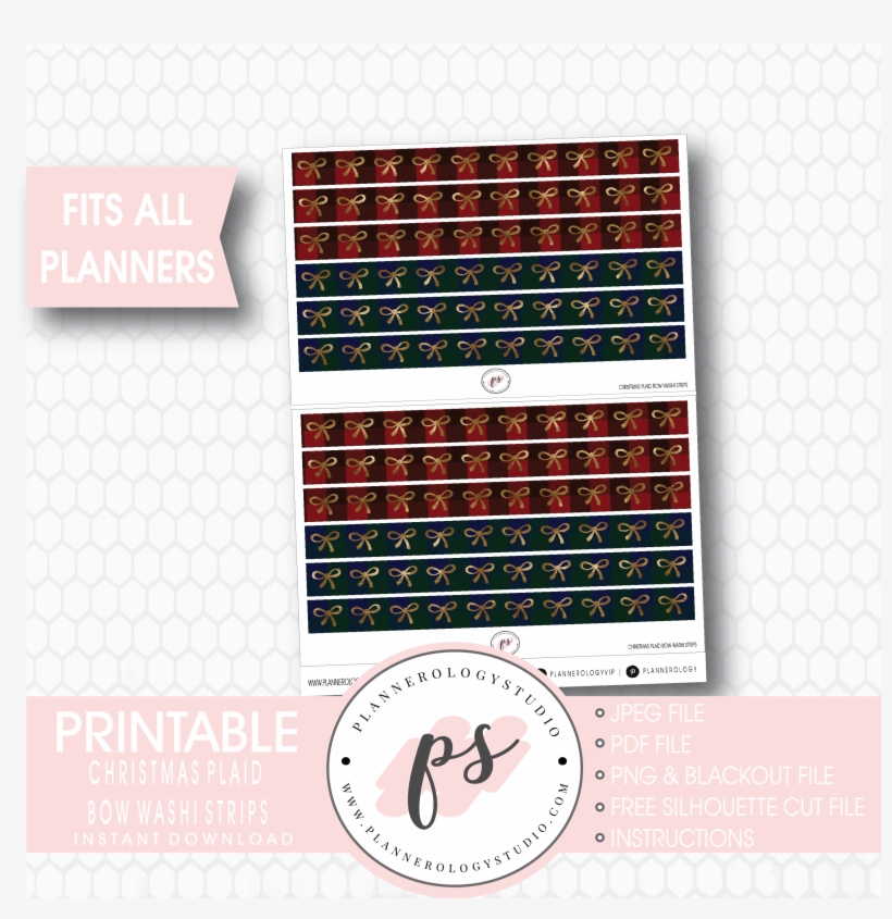 Christmas Plaid Pattern Bow Icon Washi Strip Digital - Wall Clock, transparent png #7971318