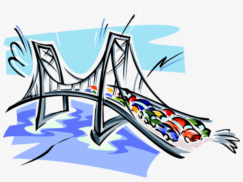 Vector Illustration Of Suspension Bridge In Rush Hour - Bridge With Cars Clipart, transparent png #7972481