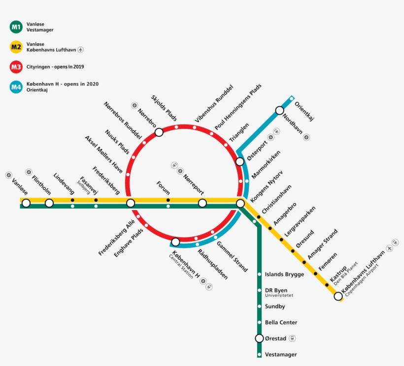 Map Over The Existing And Future Metro Lines - New Metro Line Copenhagen, transparent png #7990593