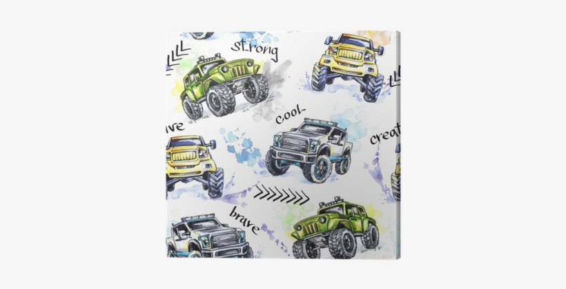 Watercolor Seamless Pattern Cartoon Monster Trucks - Watercolor Painting, transparent png #83581