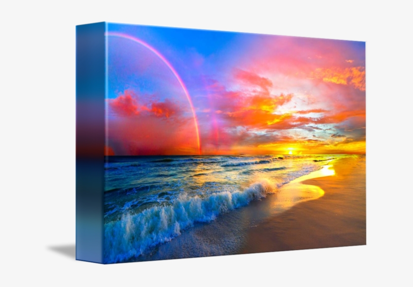 Pink Sunset Beach With Rainbow And Ocean Waves By Eszra - Pink Sunset Beach, transparent png #83918