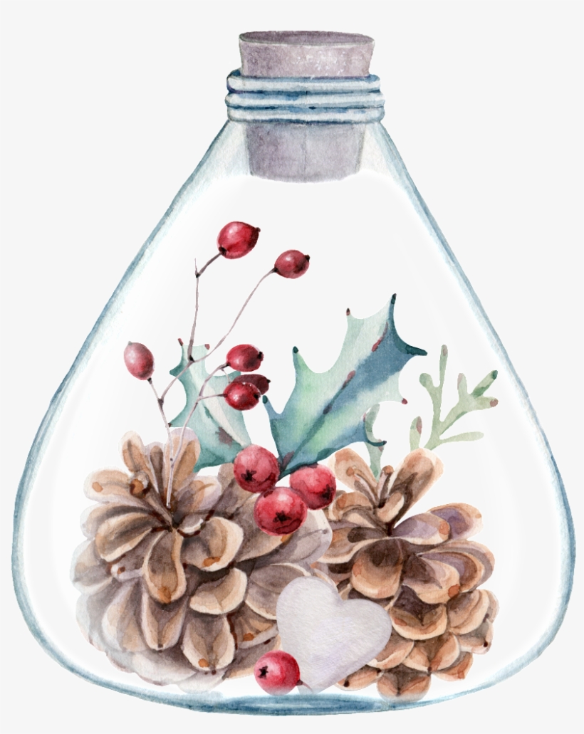 Beautiful Painted Flowers And Plants Bottle Png - Aquarell-stechpalmen-beeren-kiefern-kegel-adresse Runder, transparent png #84222