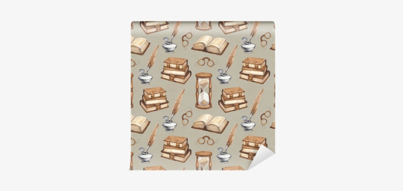 Watercolor Vintage Books, Glasses, Sand Hourglass And - Watercolor Painting, transparent png #87261