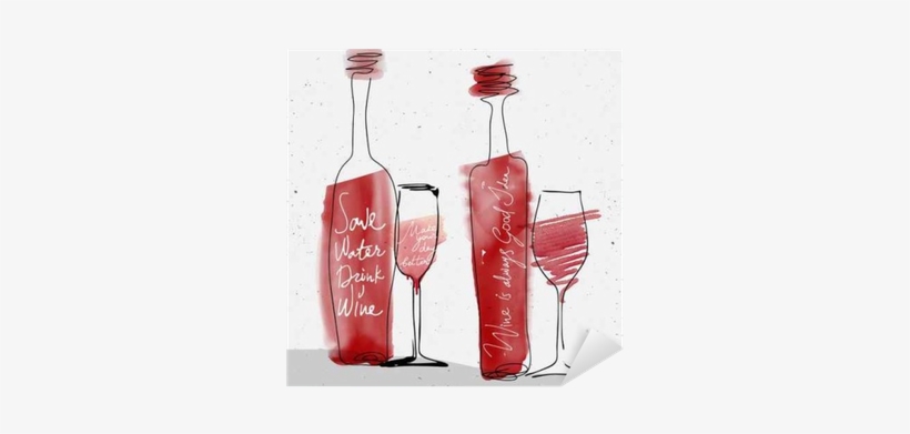 Wine Glass And Bottle, Red Watercolor Sketched Silhouette - Watercolor Painting, transparent png #88121