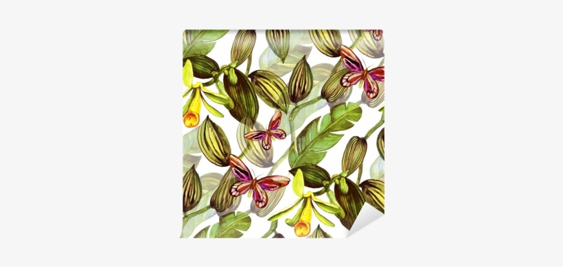 Seamless Pattern With Tropical Leaves And Vanilla Orchid - Orchids, transparent png #802336