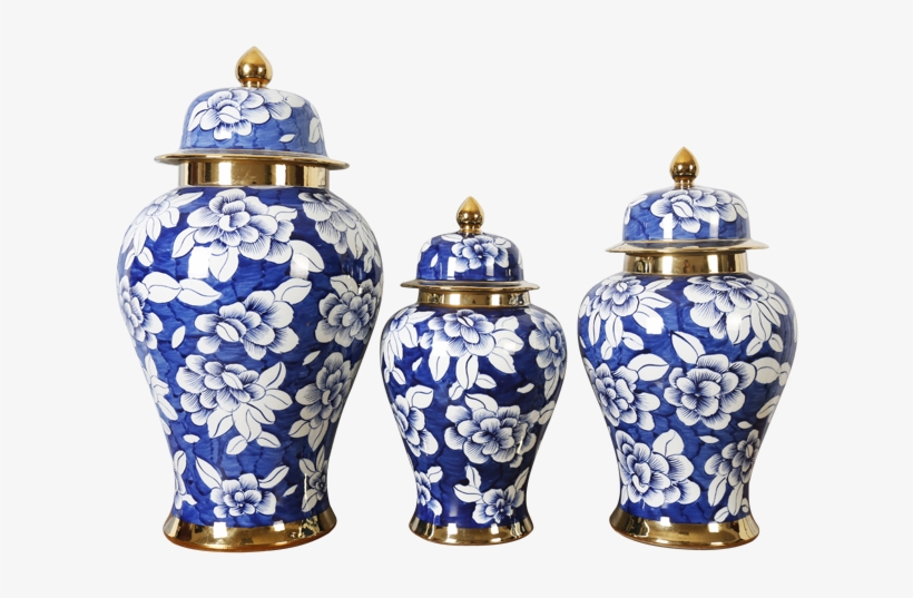 Chinese Hand Painted Ceramic Flower Vase In Golden - Blue And White Porcelain, transparent png #8012663