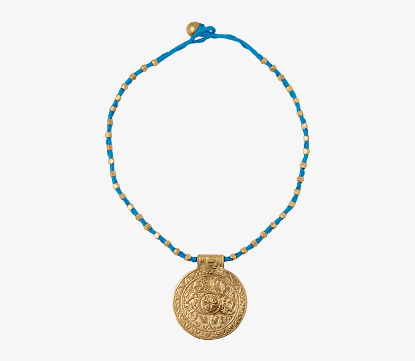 Dhokra Sky Blue Necklace With Round Golden Pendant - Pendant, transparent png #8014203