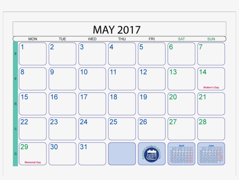 Free Printable Calendar May - Calendar Template 2017 With Holidays, transparent png #8023374