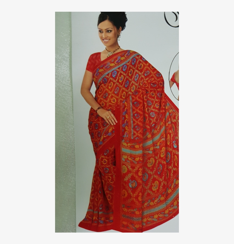 Red Mixed Orange Cotton Silk - Sari, transparent png #8025954