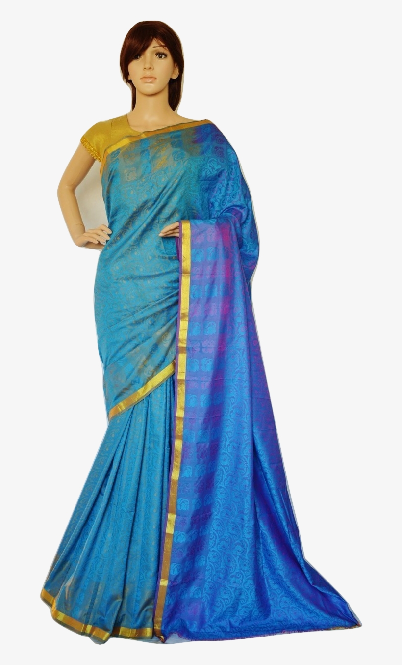 Teal,blue & Gold Colour Kanchipuram Silk Saree - Sari, transparent png #8026236