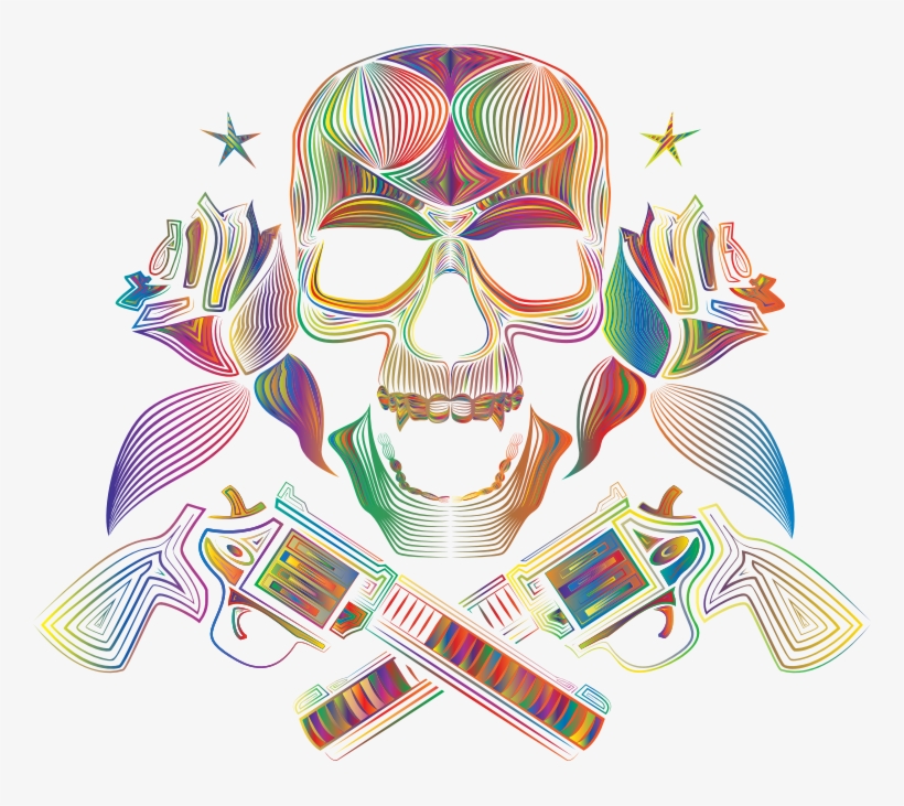 Flowers And Firearms Skull Line Art Polyprismatic No - Clip Art, transparent png #8052382