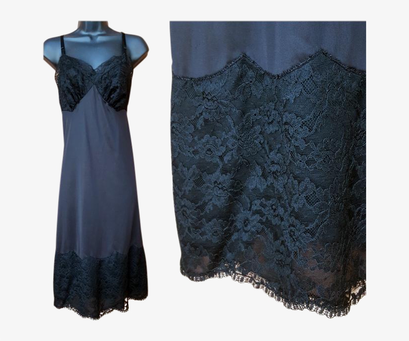 Vintage Full Length Slip Black Lacy Lace Size Extra - Little Black Dress, transparent png #8066077