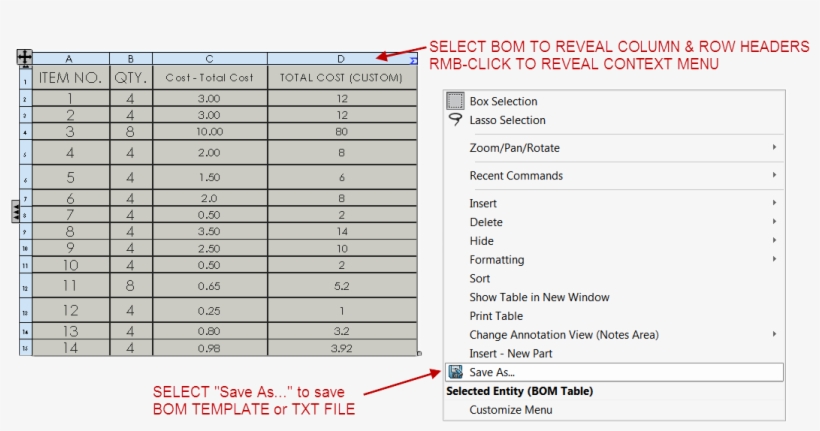 Save As A Solidworks Bom Template - Bill Of Materials Example Solidworks, transparent png #8082281