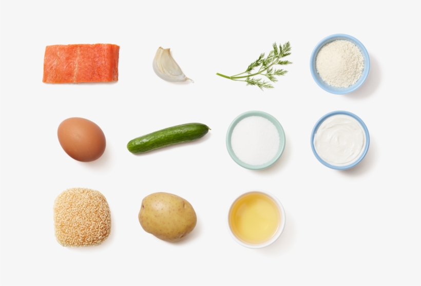 Salmon-dill Burgers With Marinated Cucumber & Roasted - Zucchini, transparent png #8126704