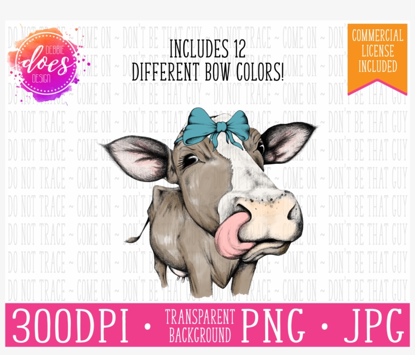 Female/heifer Hand Drawn Cow With Bow And Tongue Design - Design, transparent png #8266858