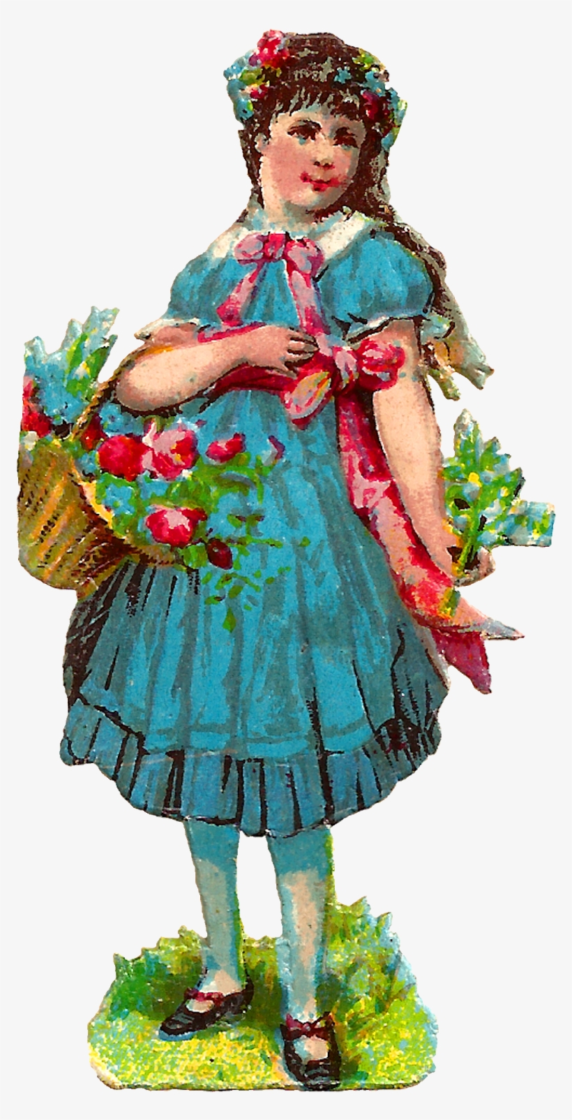 Flower Basket Girl Victorian Fashion Digital Clipart - Girl, transparent png #8303422