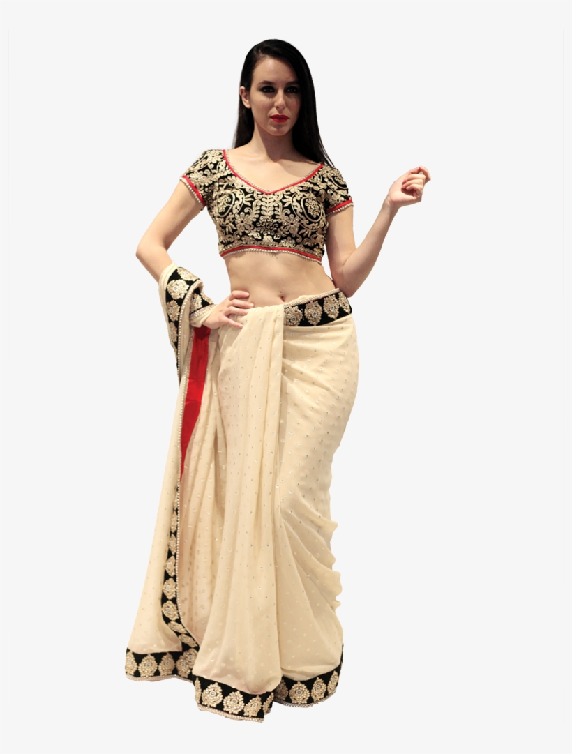 Jpg Royalty Free Beige Saree With Velvet Blouse Maheka - Model With Saree Png, transparent png #8306814