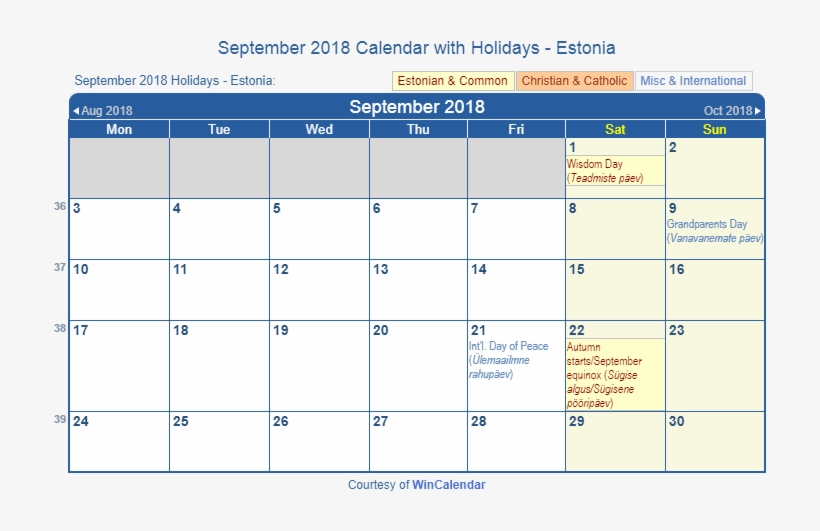 Print Friendly September 2018 Estonia Calendar For - Family Day 2019 Canada, transparent png #8311728
