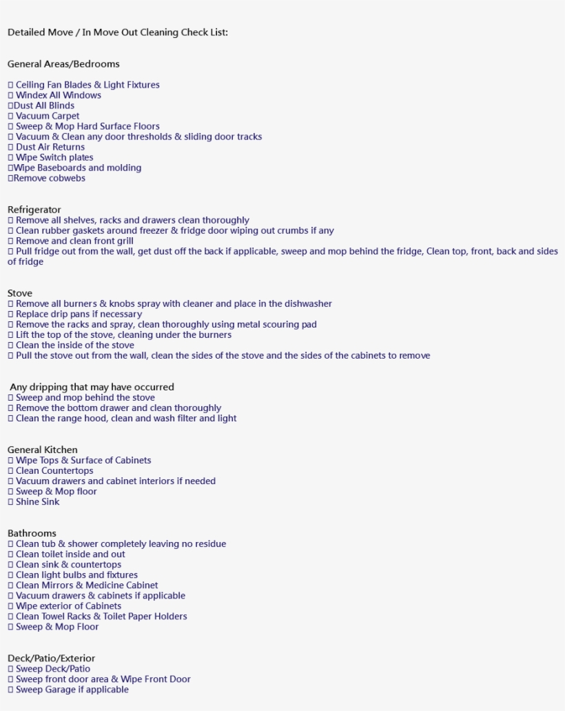 Detailed Move / In Move Out Cleaning Check List - Document, transparent png #8321752