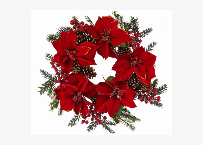 22" Glitter Velvet Poinsettia And Pinecone Wreath - Buquê De Rosas Em Forma De Coração, transparent png #8335118