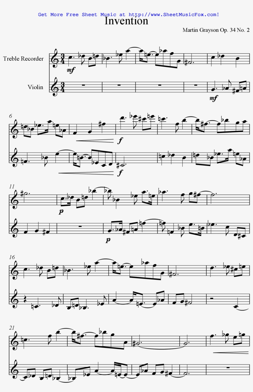 Free Sheet Music For Duos For Treble Recorder And Violin - Sheet Music, transparent png #8337841