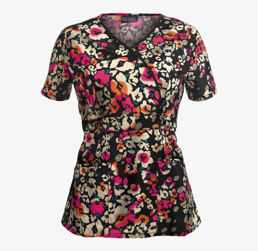 Cherokee Runway Scrubs Floral Cheetah Mock Wrap Print - Blouse, transparent png #8341978