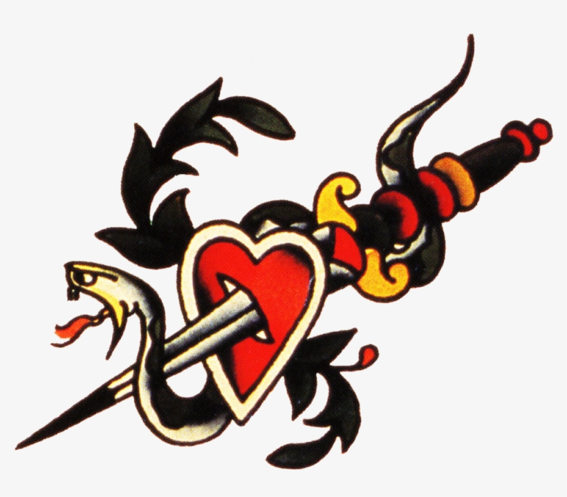Sailor Jerry, Vintage Tattoo, Designs, Snake, Dagger, - Traditional Style Tattoo Heart Dagger, transparent png #8344714