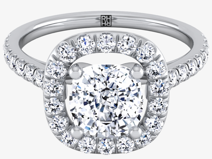Cushion Cut Diamond Pave Halo Frame Engagement Ring - Engagement Ring, transparent png #8404935