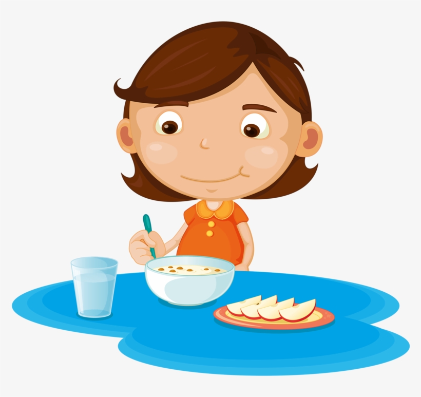 Girl Eating Cereal And Fruit - Cartoon Girl Eating Breakfast, transparent png #8445966