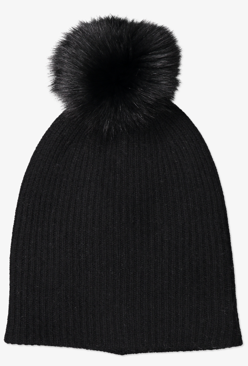 Fur Pom Pom Rib Beanie Black - Beanie, transparent png #8474257