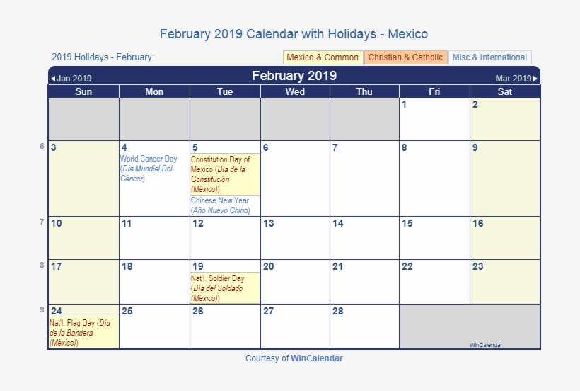 February 2019 Calendar With Mexican Holidays To Print - February 2019 Calendar With Holidays, transparent png #8476658