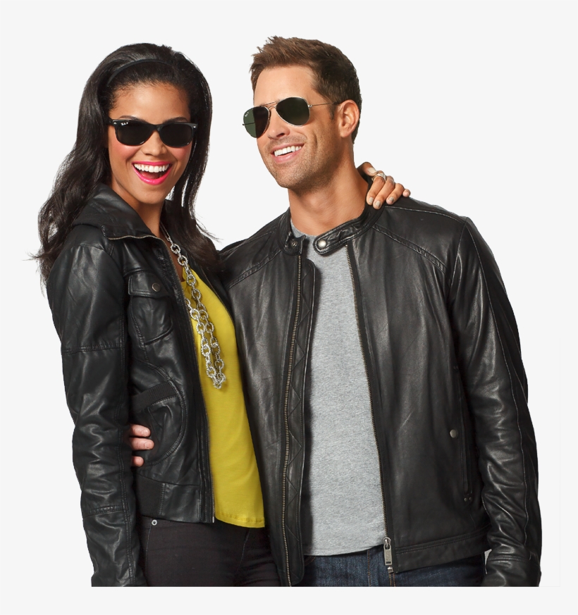 Man And Woman Wearing Ray-ban Sunglasses - Leather Jacket, transparent png #8481038