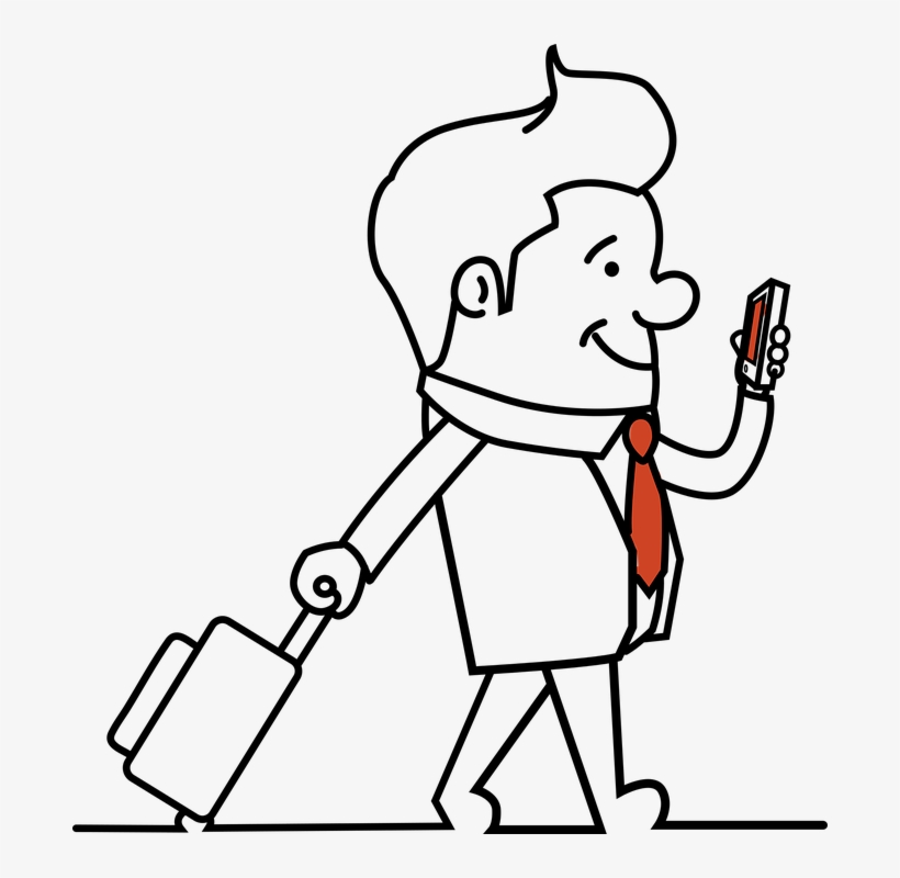 Man Travel Smartphone Briefcase Suitcase Looking - Drawing Of A Man With A Suitcase, transparent png #8515143