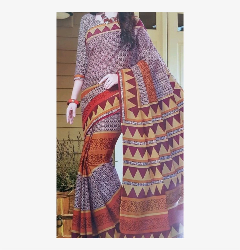 Red And Brown Print Cotton Saree , With Running Blouse - Stitch, transparent png #8520586