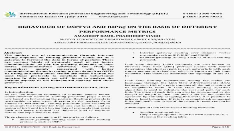 Behaviour Of Ospfv3 And Ripng On The Basis - Document, transparent png #8521527