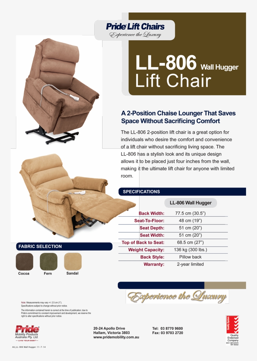 Pride 806 Wall Hugger Lift Chair - Recliner, transparent png #8526789