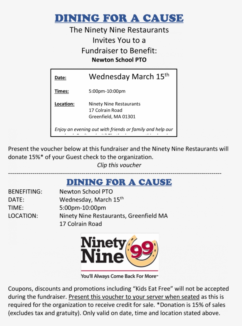 Newton Dining For Cause 99 - 99 Restaurant, transparent png #8527126
