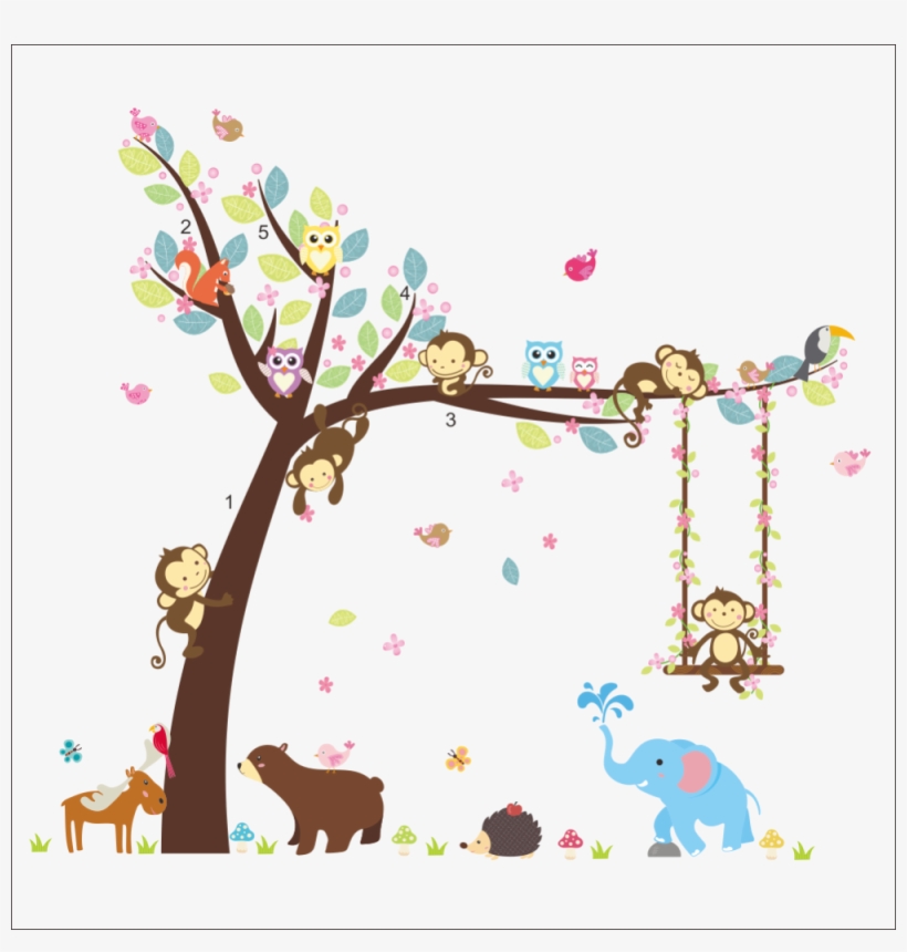 Elephant Bear Monkey Owl Squirrel Tree Forest Wall - Arbol Con Animales Dibujo, transparent png #8533382