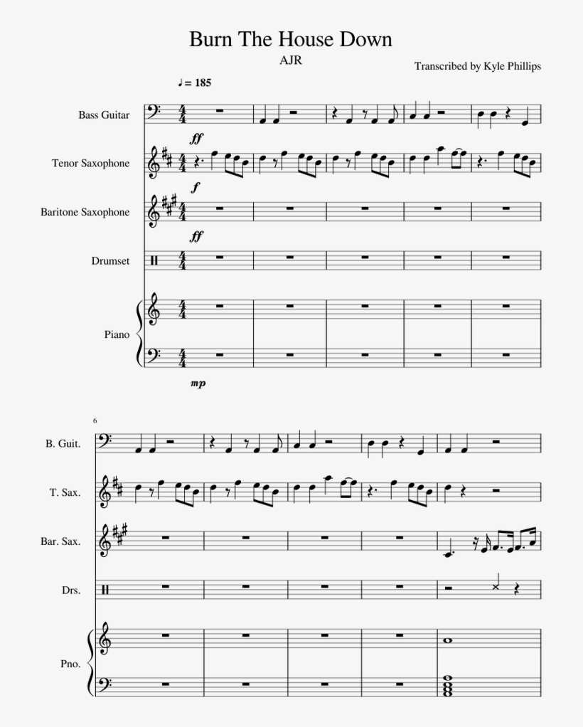 Burn The House Down Sheet Music For Piano, Bass, Tenor - Burn The House Down Piano Sheet Music, transparent png #8571323