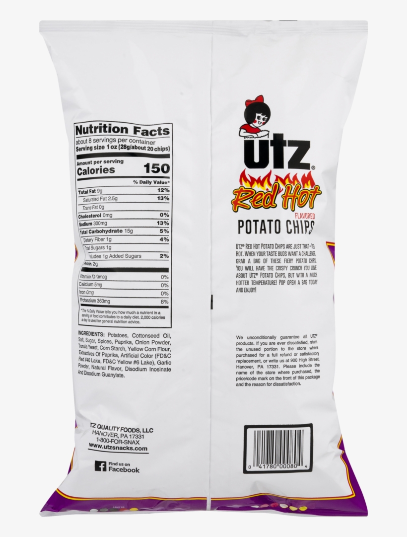 Utz Potato Chips, Red Hot - Hot Utz Potato Chips Nutrition Facts, transparent png #8591587