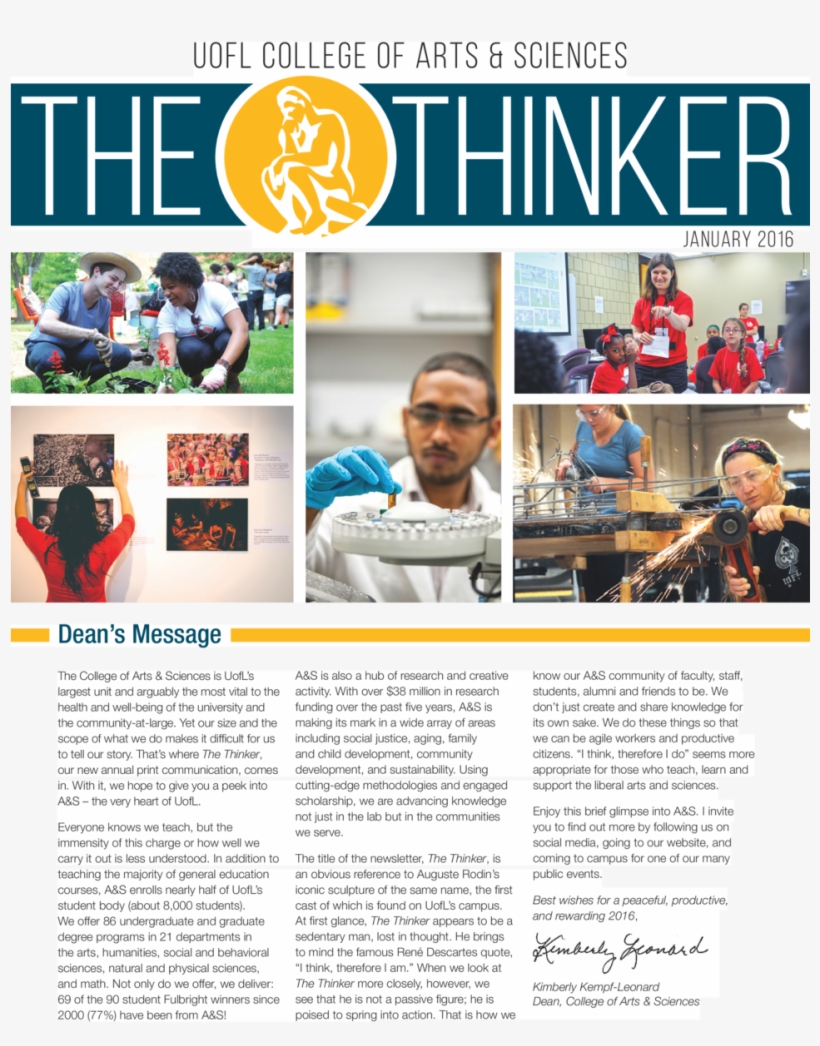 Uofl College Of Arts Sciences The Thinker January 2016 - College Newsletter, transparent png #8602566