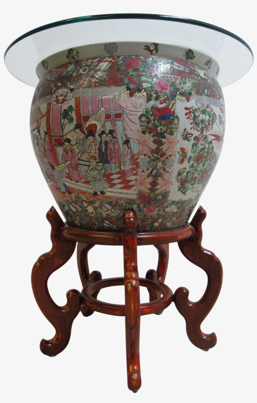 Vintage Asian Pottery Fish Bowl Stand Lamp End Table, transparent png #8608529