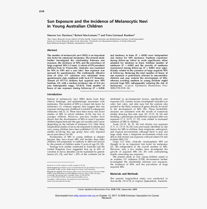 Sun Exposure And The Incidence Of Melanocytic Nevi - Document, transparent png #8714078