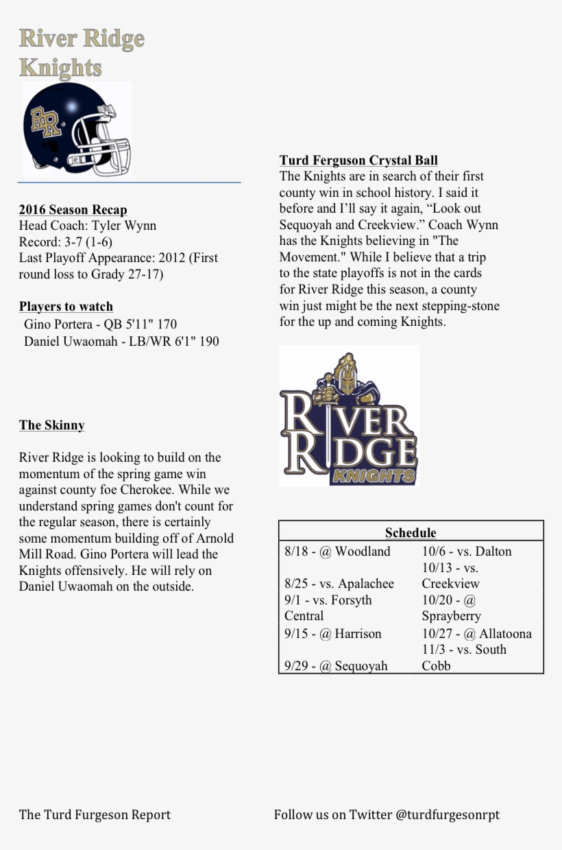 The Turd Furgeson Report's Cherokee County Football - River Ridge High School, transparent png #8750641