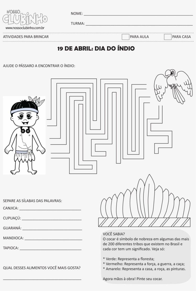 Nosso Clubinho Dia D - Atividades Sobre O Dia Do Indio Alfabetização, transparent png #8786268