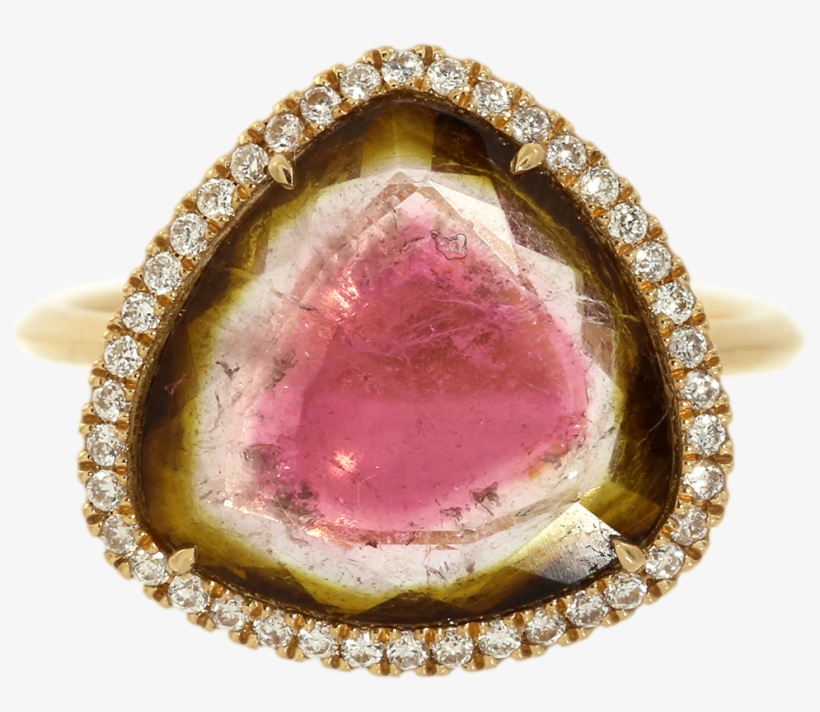 Watermelon Tourmaline Slice & Diamond Ring - Engagement Ring, transparent png #8789494