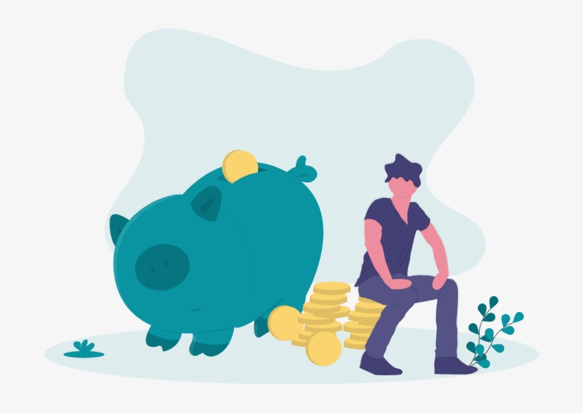 Man Sitting On Giant Gold Coins Next To A Giant Piggy - Saving, transparent png #8796233