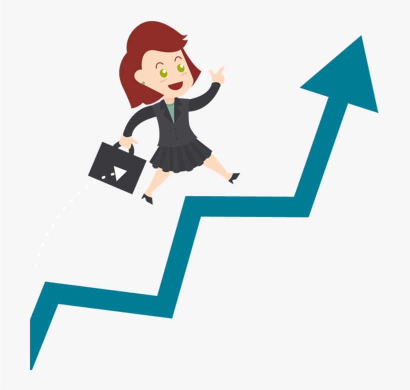 Cartoon Business Woman Walk Up With Blue Stock Arrow, transparent png #880692